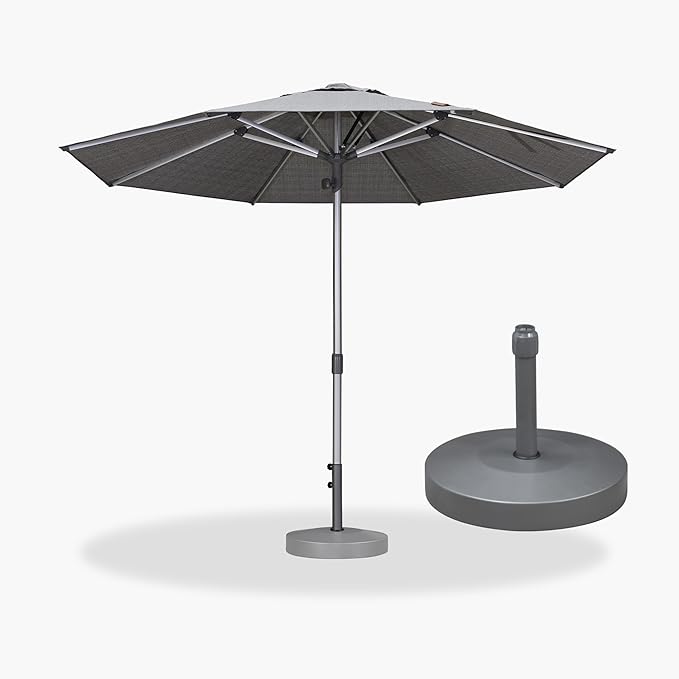 PURPLE LEAF 10 FT Semi-Auto Outdoor Patio Umbrella with Base Market Table Sun Umbrellas with 8 Aluminum Sturdy Ribs for Backyard Deck Garden Pool (Silver Pole Gray Canopy)