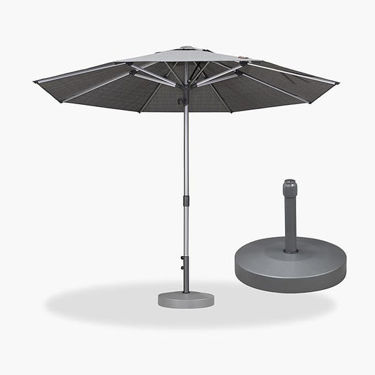PURPLE LEAF 10 FT Semi-Auto Outdoor Patio Umbrella with Base Market Table Sun Umbrellas with 8 Aluminum Sturdy Ribs for Backyard Deck Garden Pool (Silver Pole Gray Canopy)