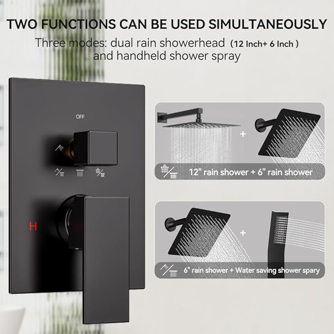 Shower Faucet Set Matte Black Shower System, STARBATH 12+6" Dual Rain Shower Head with Handheld Spray for Two People,Wall Mount Rainfall 3 Way Shower Valve with 5 Diverter and Trim Kit Complete