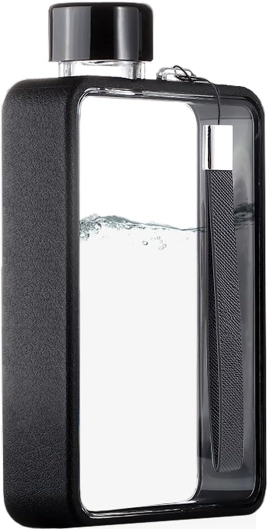 Flat Water Bottle, Portable A5 Water Bottle, 13oz Flat Travel Flask for Camping Fitness Gym (Black)