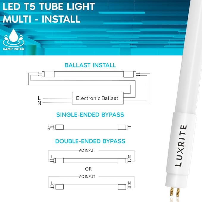 LUXRITE 4FT T5 LED Tube Lights, Type A+B, 24W=54W, 3000K Soft White, 45.78", Ballast and Ballast Bypass Compatible, Single or Double End Powered, F54T5 Fluorescent Replacement, Damp Rated (4 Pack)