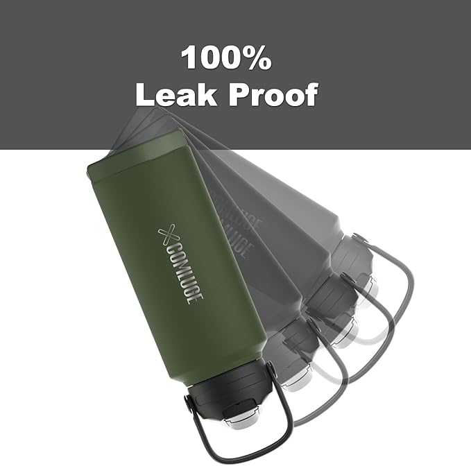 Green 32 oz insulated water bottle with straw stainless steel water bottle,double wall,leak proof water bottles with 3 lids,travel,gym mens water bottle (Navy Green, 32oz)