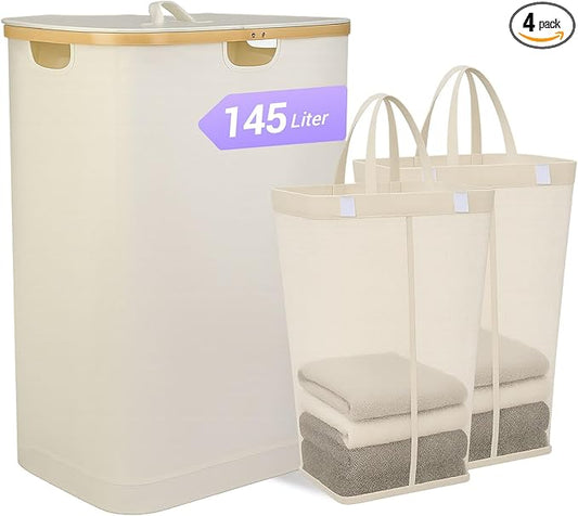 145L Double Laundry Basket with Lid, 2 Section Dirty Clothes Hamper with 2 Removable Bags for Bedroom, Bathroom, Dorm, Beige