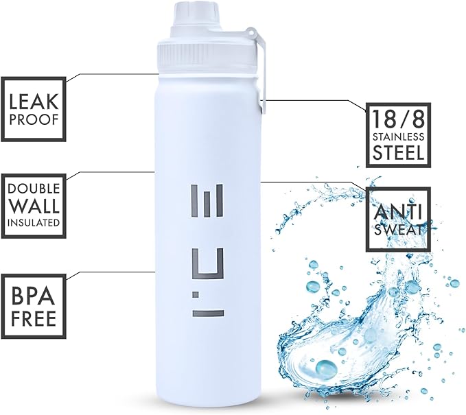 ICE Sports Water Bottle - Includes 3 Lids (1 Straw Lid) & 2 Straws - Leak proof Stainless Steel Gym & Sport Bottles for Men, Women & Kids - Double Walled, Insulated Thermos (White, 22 oz)
