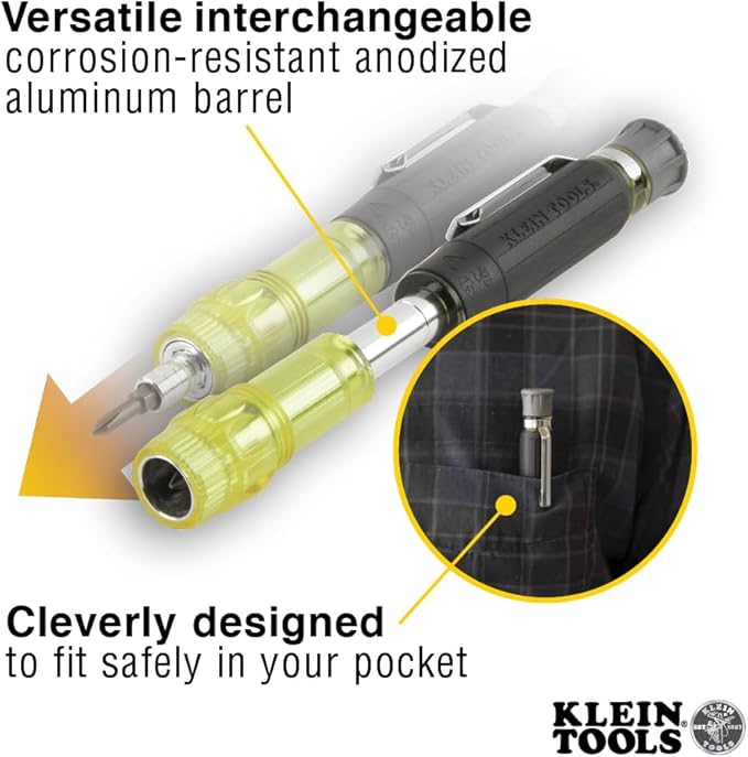 Klein Tools 32614 Multi-bit Precision Screwdriver Set, 4-in-1 Electronics Pocket Screwdriver, Professional Phillips and Slotted Bits, EDC