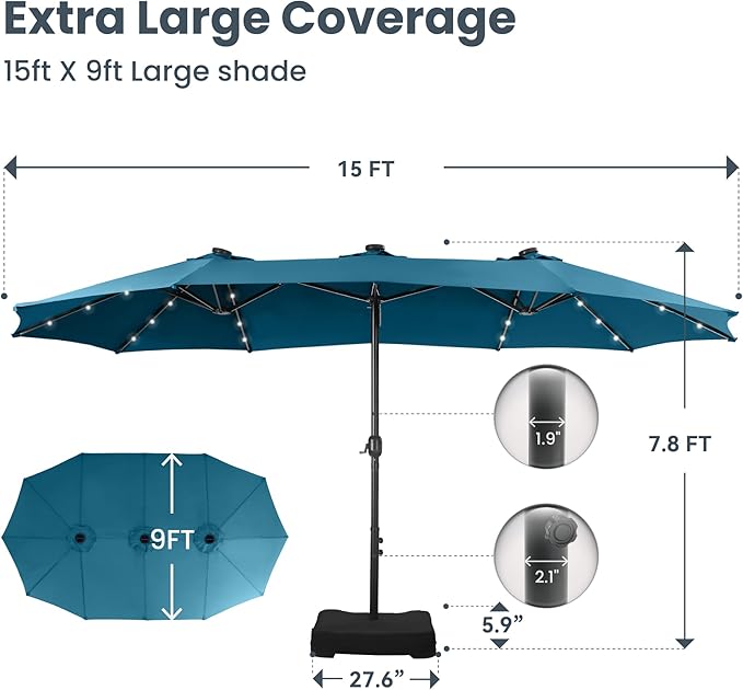 PHI VILLA 15ft Large Patio Umbrella with Solar Lights, Double-Sided Outdoor Market Rectangle Umbrellas with 36 LED Lights, Umbrella Base (Stand) Included, Cyan