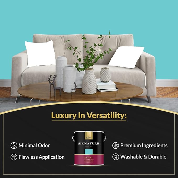 EVOLVE Signature Paint & Primer: Luxury Paint & Primer for Indoor & Outdoor Surfaces, Minimal Odor, Eggshell Sheen (1G & 5G) (Aqua Turquoise, 1 Gallon)