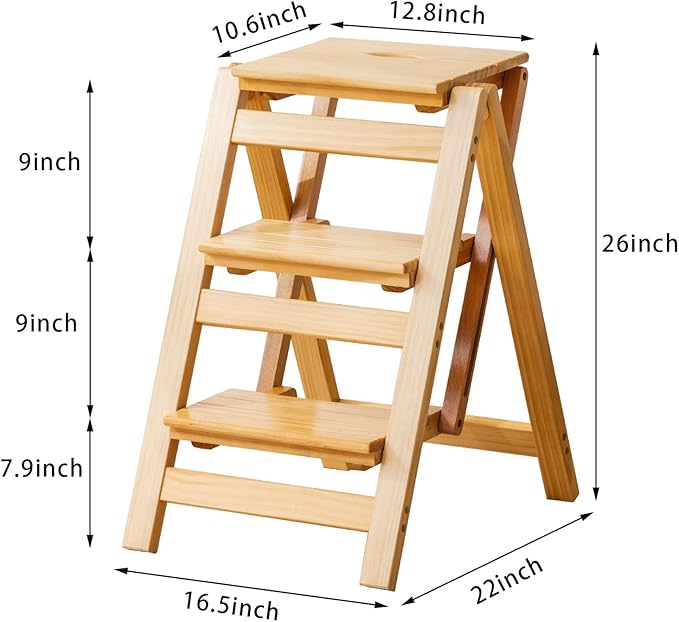 Wooden Step Stool, Foldable 3 Step Ladder, Solid Wood Ladder Stool for for Home, Kitchen & Garden Nature