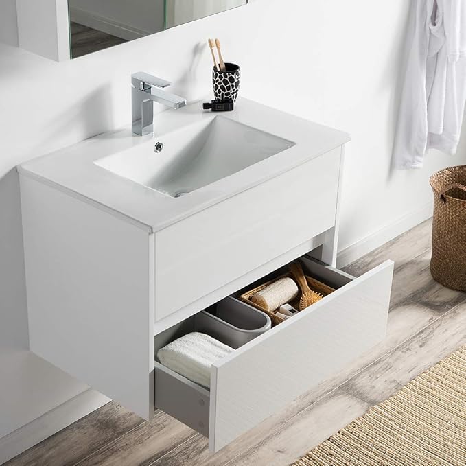 Blossom Single Bathroom Vanity with Ceramic Sink and Mirror Medicine Cabinet | All Wood Floating Vanity Cabinet | 2 Soft-Closing U-Shaped Cutout Drawers | 30 inch, Glossy White