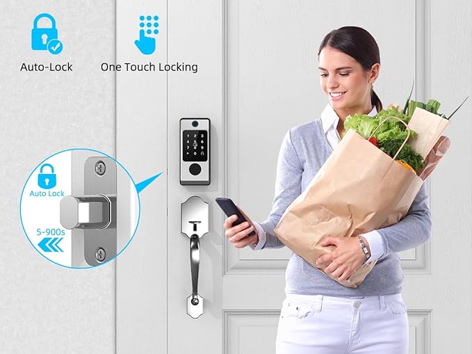 Wi-Fi Smart Deadbolt Lock with Handle Sets, Keyless Entry Door Lock for Front Door, Compatible with Alexa & Google Assistant, Auto Locking-Black