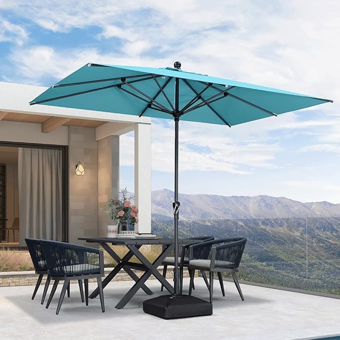 PURPLE LEAF 10' x 6.5' Rectangular Patio Umbrella Outdoor Table Umbrella Aluminum Frame Market Umbrella Sun Umbrella with 8 Sturdy Ribs Tilt for Garden Deck Lawn Pool Turquoise Blue