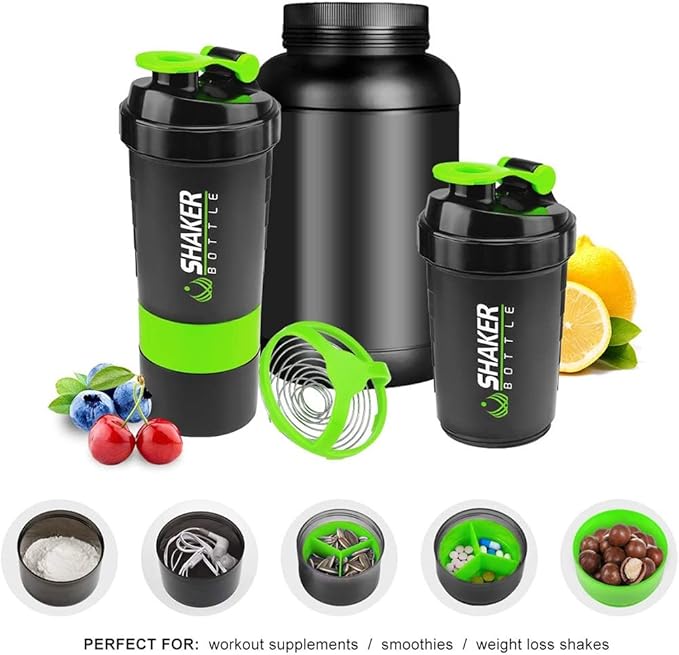 Protein Shaker Bottle,16 oz Shake Cup for Protein Powder with Storage,Sports Water Bottle,Non Slip 3 Layer Twist Off 3oz Cups with Pill Tray Leak Proof Shake Bottles for Protein Mixes