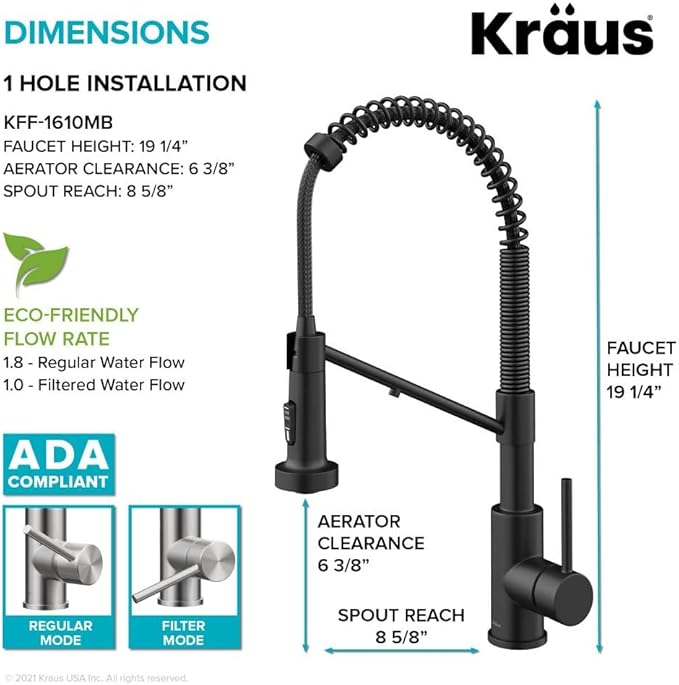 KRAUS Bolden 2-in-1 Commercial Style Pull-Down Single Handle Water Filter Kitchen Faucet for Water Filtration System in Matte Black, KFF-1610MB