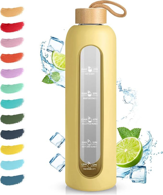 Sursip 32 oz Glass Water Bottle with Time Marker,1 Liter BPA-Free Reusable Motivational Water Bottle with Non-Slip Silicone Sleeve and Bamboo Lid, Ice Cube Tray, Leak-Proof, Dishwasher Safe