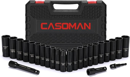 CASOMAN 25PCS 1/2" Drive Impact Socket Set, Deep, Cr-V Steel, 6 Point, Metric&SAE, 12mm to 24mm, 3/8 Inch to 1 Inch, Includes Extension Bars: 3-inch, 5-inch, 1/2-1/4 adapter