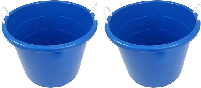 Homz Multipurpose 18 Gallon Plastic Open-Top Storage Round Utility Tub with Rope Handles for Indoor or Outdoor Home Organization, Blue (2 Pack)