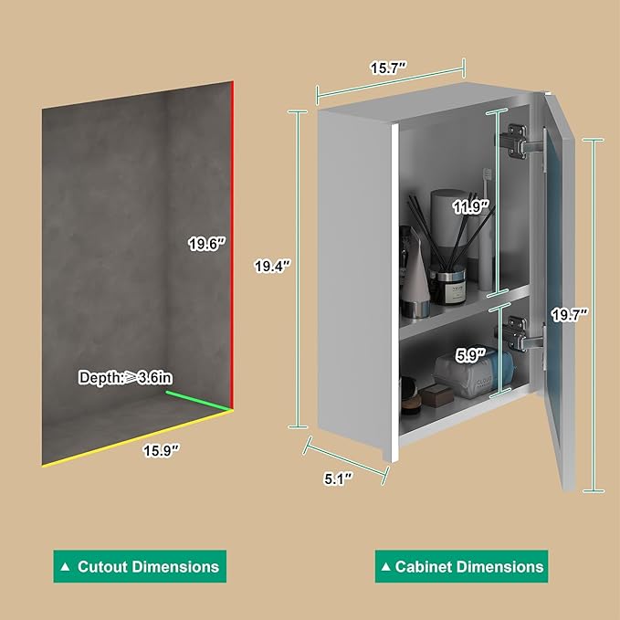 16x20 Inch Medicine Cabinet with LED Light Mirror, Brightneess Adjustable and Full-Assembled Bathroom Aluminum Cabinet with Storage, Surface or Recessed Tempered Cabinet, Farmhouse Sliver