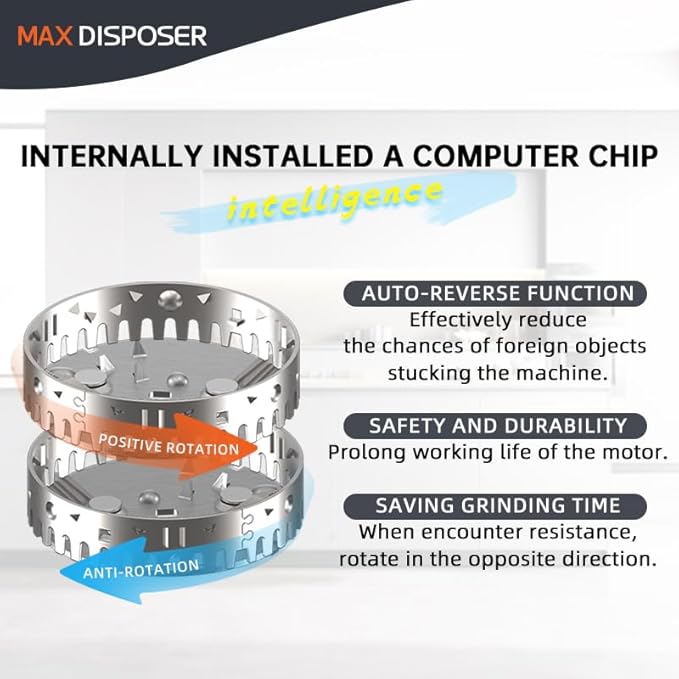 Garbage Disposal 1 HP Ultra Quiet Anti-Jam Grinding System Continuous Feed Food Waste Disposer with Power Cord Easy install, AC Motor Stainless Steel Grind 1 Horsepower (MAX-6)