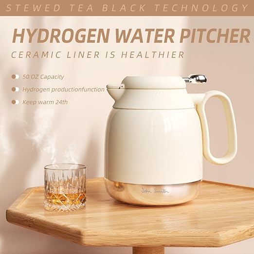 JOHNSMITH Hydrogen Water Kettle 50oz Stainless Steel Thermostatic Kettle Hydrogen-Rich Water and Weakly Alkaline Water(White)