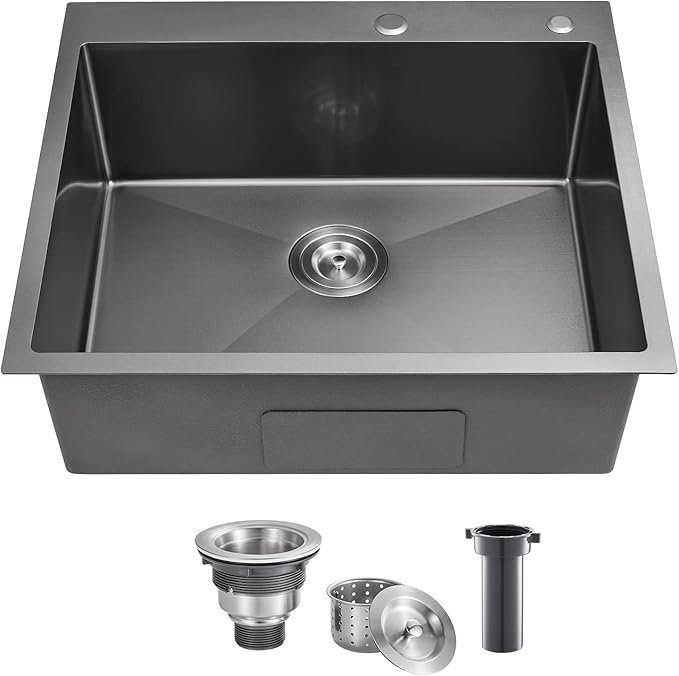 POPFLY 25x22 Inch Drop In Black Kitchen Sink, 25 Inch Top Mount 9 Inch Deep Single Bowl Laundry Utility Stainless Steel Outdoor Sink