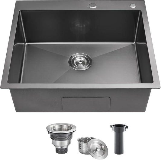POPFLY 25x22 Inch Drop In Black Kitchen Sink, 25 Inch Top Mount 9 Inch Deep Single Bowl Laundry Utility Stainless Steel Outdoor Sink