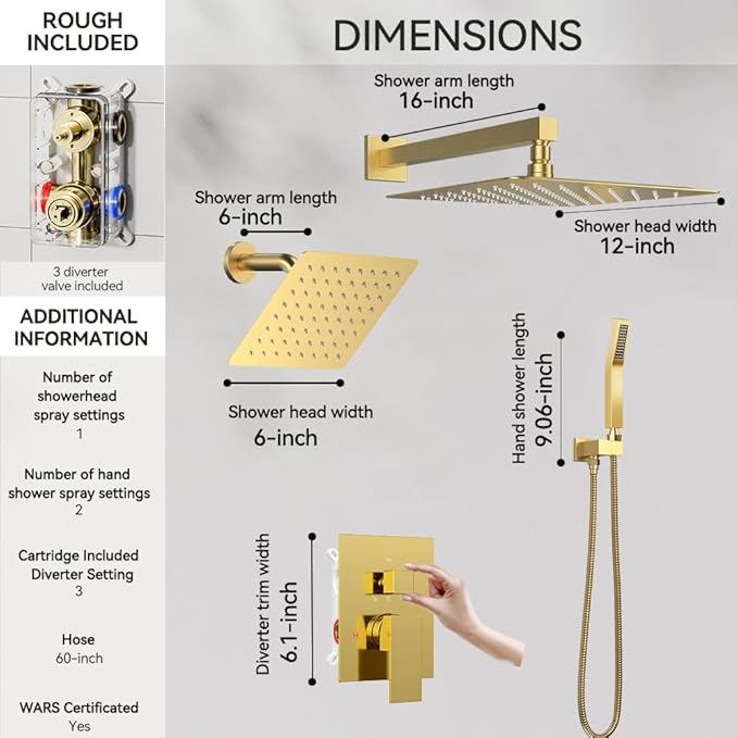 Shower Faucet Set Brushed Gold Shower System, STARBATH 12+6" Dual Rain Shower Head with Handheld Spray for Two People,Wall Mount Rainfall 3 Way Shower Valve with 5 Diverter and Trim Kit Complete