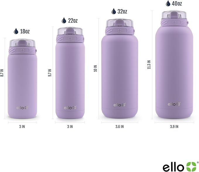 Ello Cooper 18oz Kids Stainless Steel Water Bottle with Straw and Carry Handle, Double Walled and Vacuum Insulated Metal, Leak Proof Locking Lid with Soft Silicone Spout, Reusable, BPA Free, Lilac