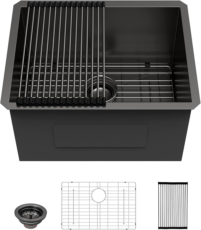 Lordear 24 Black Laundry Sink Stainless Steel - 24" x 19" x 13" Undermount Sink Single Bowl 16 Gauge Stainless Steel Deep Laundry Room Utility Sinks Handmade Under Counter Kitchen Basin,Gunmetal Black