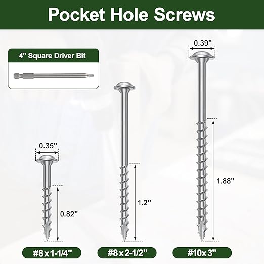 Pocket Hole Screws 3 Inch，600Pcs Exterior Pocket Screws #10 X 3 Reverse-Thread 2X Faster Self-Tapping for Woodworking DIY Projects Pocket Joinery Drive Bit Included(Silver)