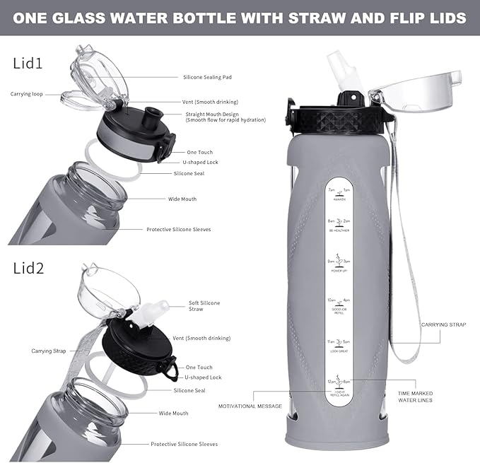Glass Water Bottles with Straw and Flip Lid, Motivational Water Bottles with Time Marker Reminder and Silicone Sleeve, Leakproof, BPA Free (32 oz, Grey)