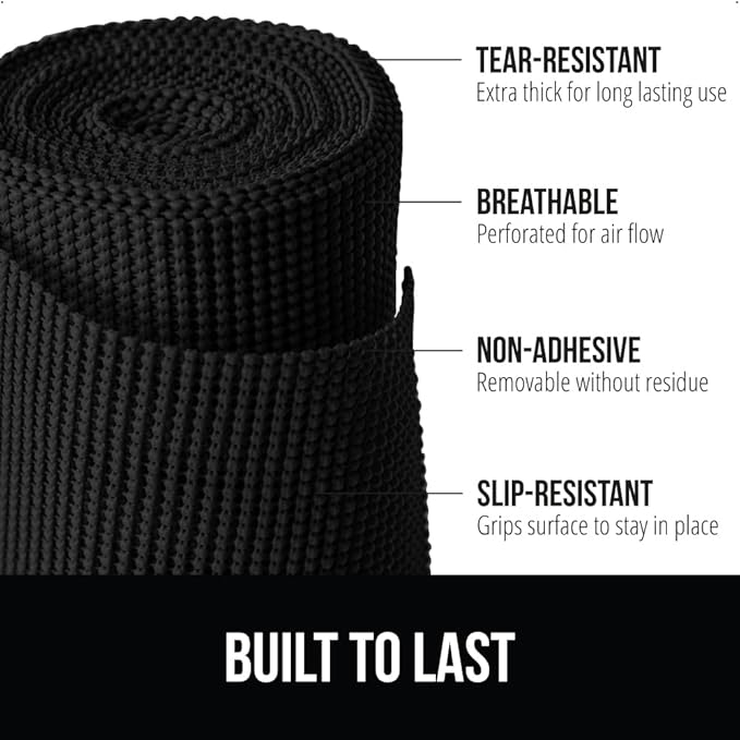 Gorilla Grip powerGRIP Drawer Shelf and Cabinet Liner, Thick Strong Hold, Non-Adhesive Liners Protect Kitchen Cabinets and Cupboard, Bathroom Drawers, Easy Install, Breathable Mat, 24" x30', Black