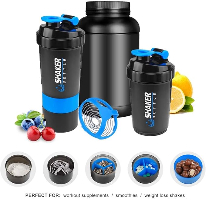 Protein Shaker Bottle - Sports Water Bottle - Non Slip 3 Layer Twist Off 3oz Cups with Pill Tray - Leak Proof Shake Bottle Mixer- Protein Powder 22 oz Shake Cup with Storage