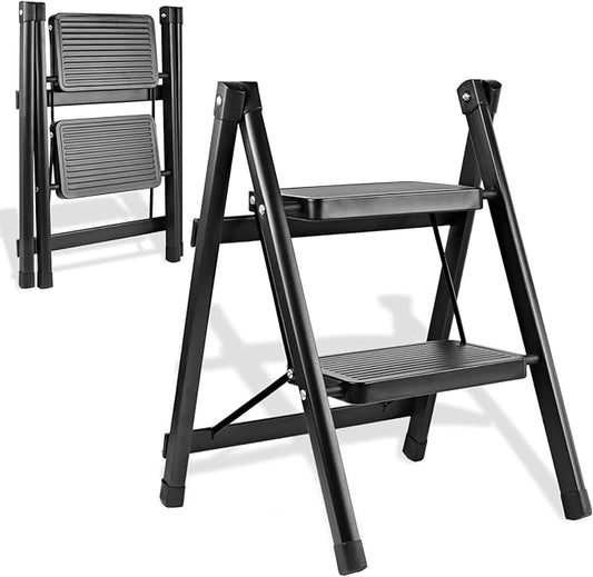 2-Step Ladder, Folding Step Stool for Kitchen/Closet/Garage, Sturdy & Lightweight Aluminum Handy Ladder, 250 lbs Capacity, Anti-Slip Pedals, Compact & Portable for Home DIY & Everyday Use