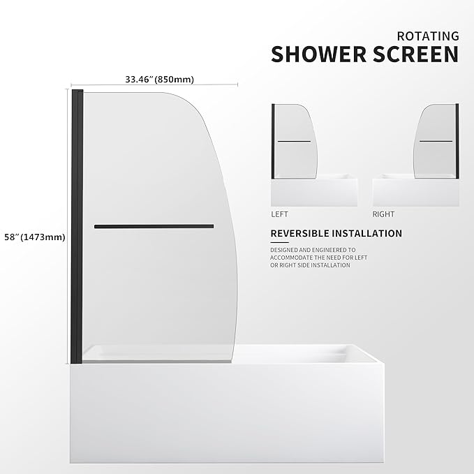 Frameless Hinged Bathtub Shower Door - 34"x58", Clear Tempered Glass 8mm Thick, Matte Black with Stainless Steel