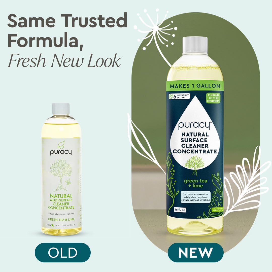 Puracy 99.9% Natural All Purpose Cleaner Concentrate - Makes 128oz Multi Purpose Cleaner - Green Tea & Lime - Surface Cleaner, Floor Cleaner, Kitchen, Cleaner, Bathroom Cleaner - Cleaning supplies