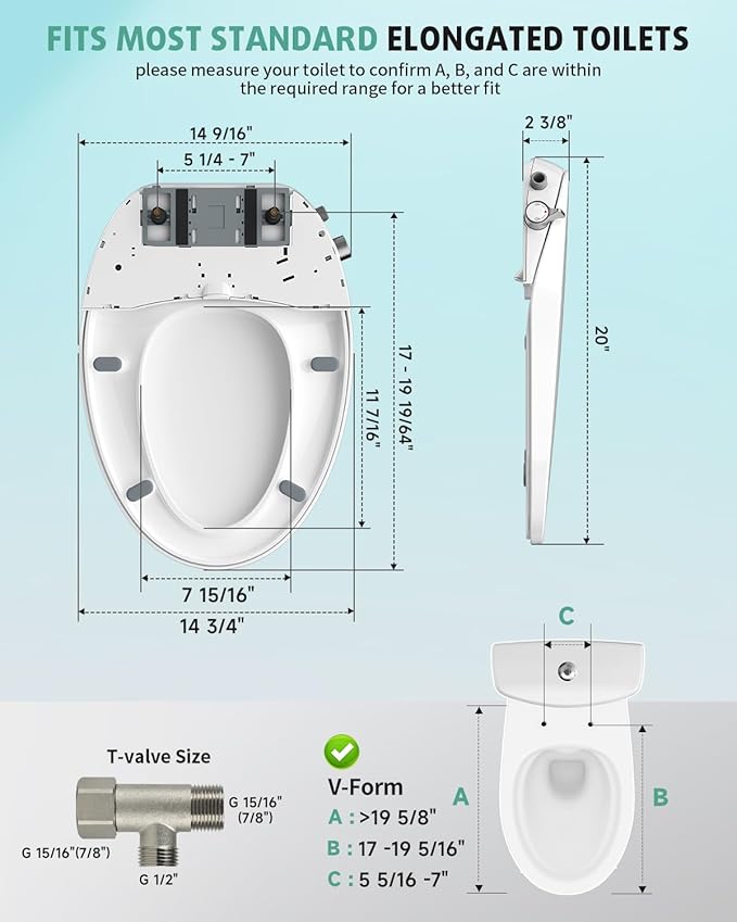 SR SUN RISE Non-Electric Bidet Toilet Seat with Dual Nozzles for Feminine & Rear Wash, Adjustable Pressure, Ambient Water Temperature, Self-Cleaning Nozzles, Easy Installation for Elongated Toilets