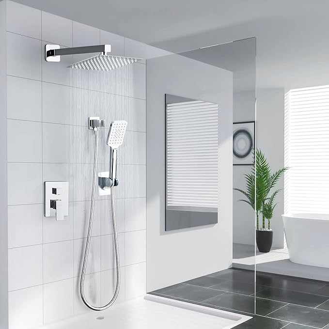 Shower System, Shower Faucet Set Complete Square Rain Shower Combo Set with 8 inch Rainfall Shower Head System Bathroom Wall Mounted 3-Setting Handheld Shower,Chrome
