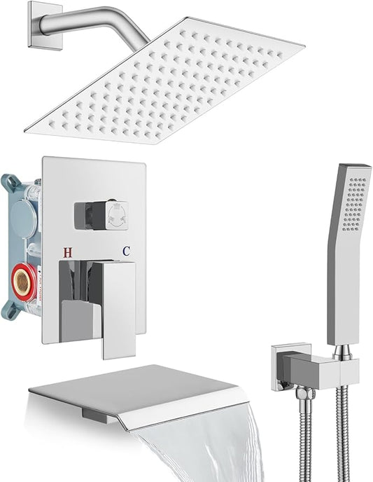 gotonovo Rain Shower Faucet System Set Rainfall Shower Head with Handheld Sprayer Waterfall Tub Spout Wall Mounted Mixer Combo Rough-in Valve and Trim Included 8 Inch Showerhead Polished Chrome