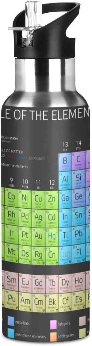 Periodic Table Of The Elements Water Bottle with Straw Lid for Fitness Gym Camping Outdoor Sports, Wide Mouth Vacuum Insulated 18/8 Stainless Steel, 22 oz