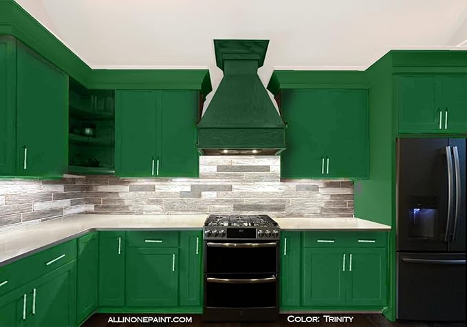 ALL-IN-ONE Paint, Durable cabinet and furniture paint. Built in primer and top coat, no sanding needed. Includes our 30 featured color card - Trinity (green), Quart