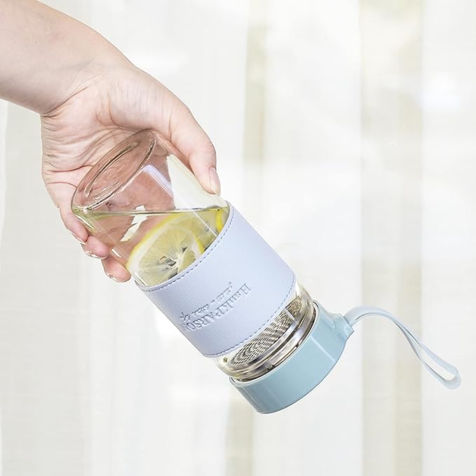 Glass Water Bottles 16 Oz Borosilicate water bottle-with sealing cap and Holsters and filters - BPA free,Men and Women Portable Glass Bottle (Pink)