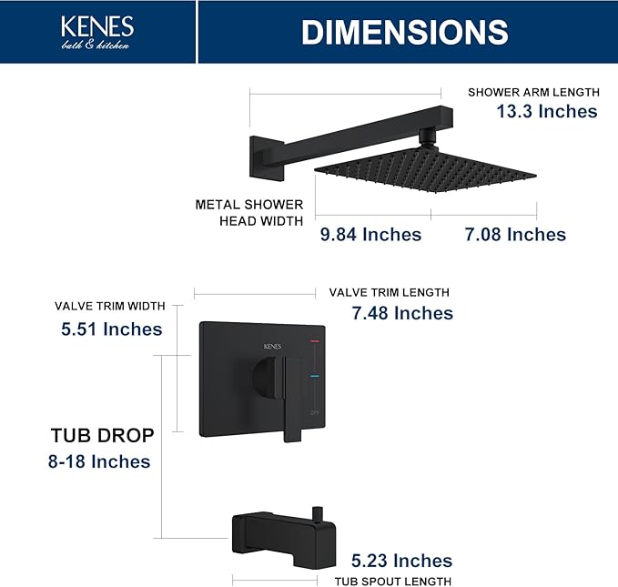 KENES Modern Matte Black Shower Faucet Set, Tub and Shower Trim Kit With Single-Spray Head, Square Faucet, KE-6024A-2 (Valve Included)