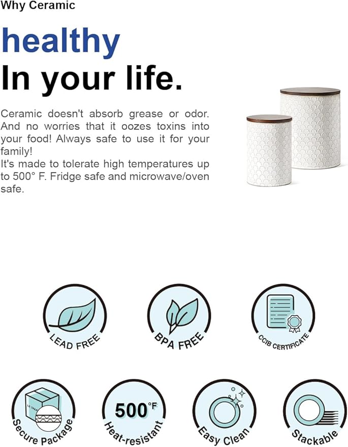 LE TAUCI Food Storage Containers with Airtight Lids, 78/25 oz Ceramic Sugar Canisters Sets, Embossed Large Jars for Pasta, Oats, Coffee Bean, Cookies, Rice, Grains, Tea - Set of 2, Fireworks