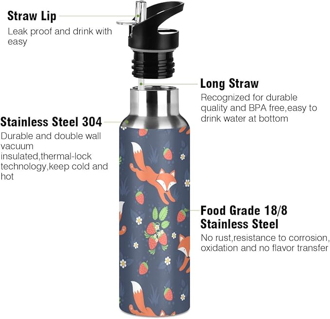 Blueangle 22 OZ Fox And Strawberry Water Bottle with Straw - BPA Free Leakproof Stainless Steel Water Bottle for Women Men Water Jug for Fitness Gym Outdoor Sport