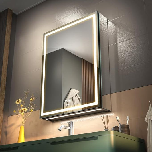 LED Lighted Bathroom Medicine Mirror Cabinet with Sockets & USBs, Anti-Fog Dimmable Light and Color Adjustment, Easy to Install Aluminum Cabinet (Left Hinge, 20 * 28 inch)