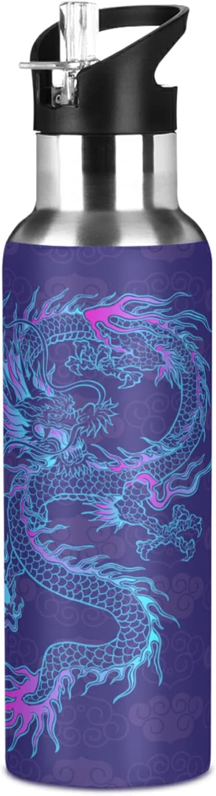 Blueangle 32oz Purple Chinese Dragon Water Bottle, BPA Free Stainless Steel Water Bottle Leak-Proof Sports Bottle for Camping Workouts Gym and Outdoor Activity