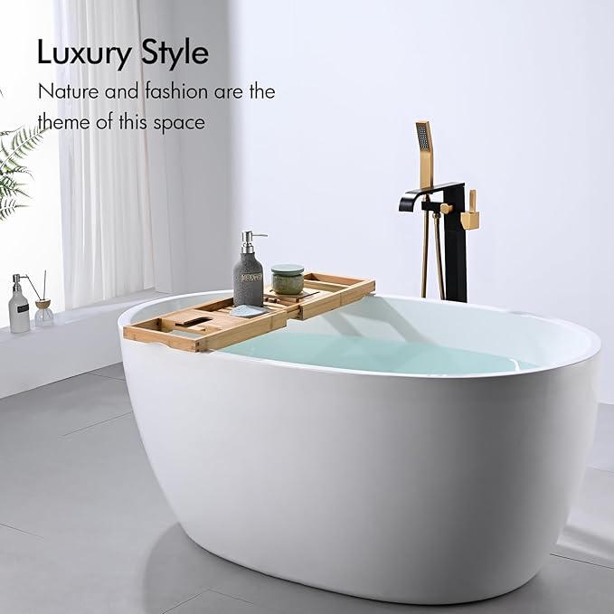 BAGNOLUX Solid Brass Floor Mount Bathtub Faucet Free Standing Tub Faucet Freestanding Tub Filler Black Gold High Flow Rate Swivel Spout with Hand Shower, ‎YGSLT-FANG-Black+Gold