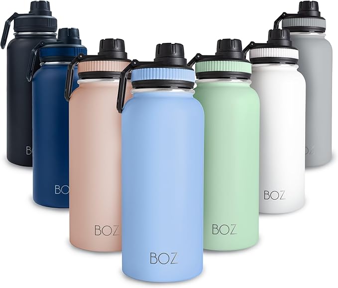 BOZ Stainless Steel Water Bottle - Vaccum Insulated Water Bottle 32 Oz - Wide Mouth BPA Free Sport Water Bottle for Gym with Spout Lid - Thermal Hot & Cold 1 Litre Light Blue Waterbottle