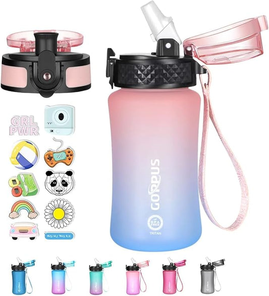 GOPPUS Kids Water Bottle with Straw Spout Lid 10pcs Stickers 12 oz Leak-proof BPA Free Motivational Time Marker Tritan Plastic Water Bottles for Girls Boys School Sports
