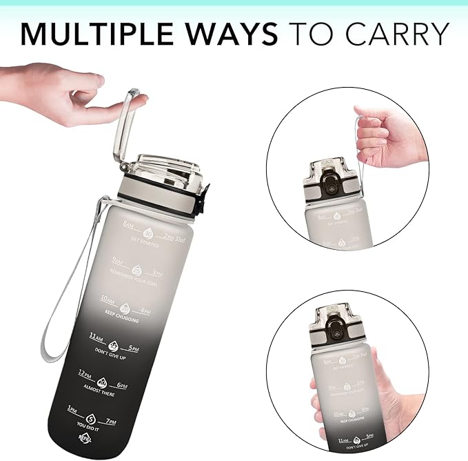 GOSWAG 32oz Motivational Water Bottles with Time Marker and Fruit Strainer, Sports Water Bottle with Times to Drink, Leakproof, Reusable Plastic Bottle with Strap no Straw for Gym, School